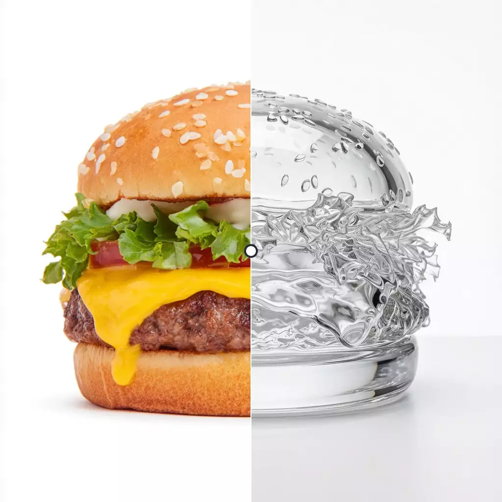 Nano Banana 2 generated Creative Concept - Burger made of glass, reflections, textures, transparency